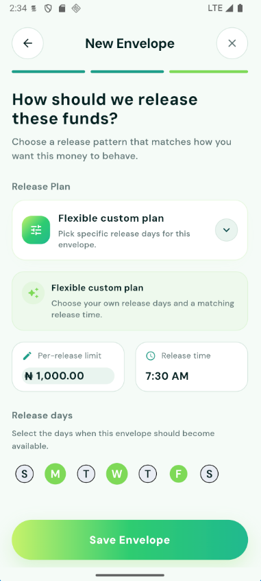 Wisemonie release rules: pick the days and time each envelope opens (e.g. Mon/Wed/Fri at 7:30am)