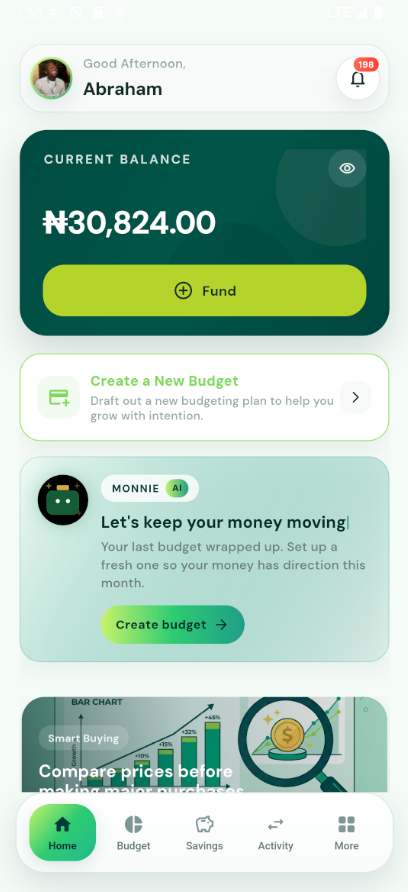 Wisemonie app home screen: a ₦30,824 balance with budgets and envelopes